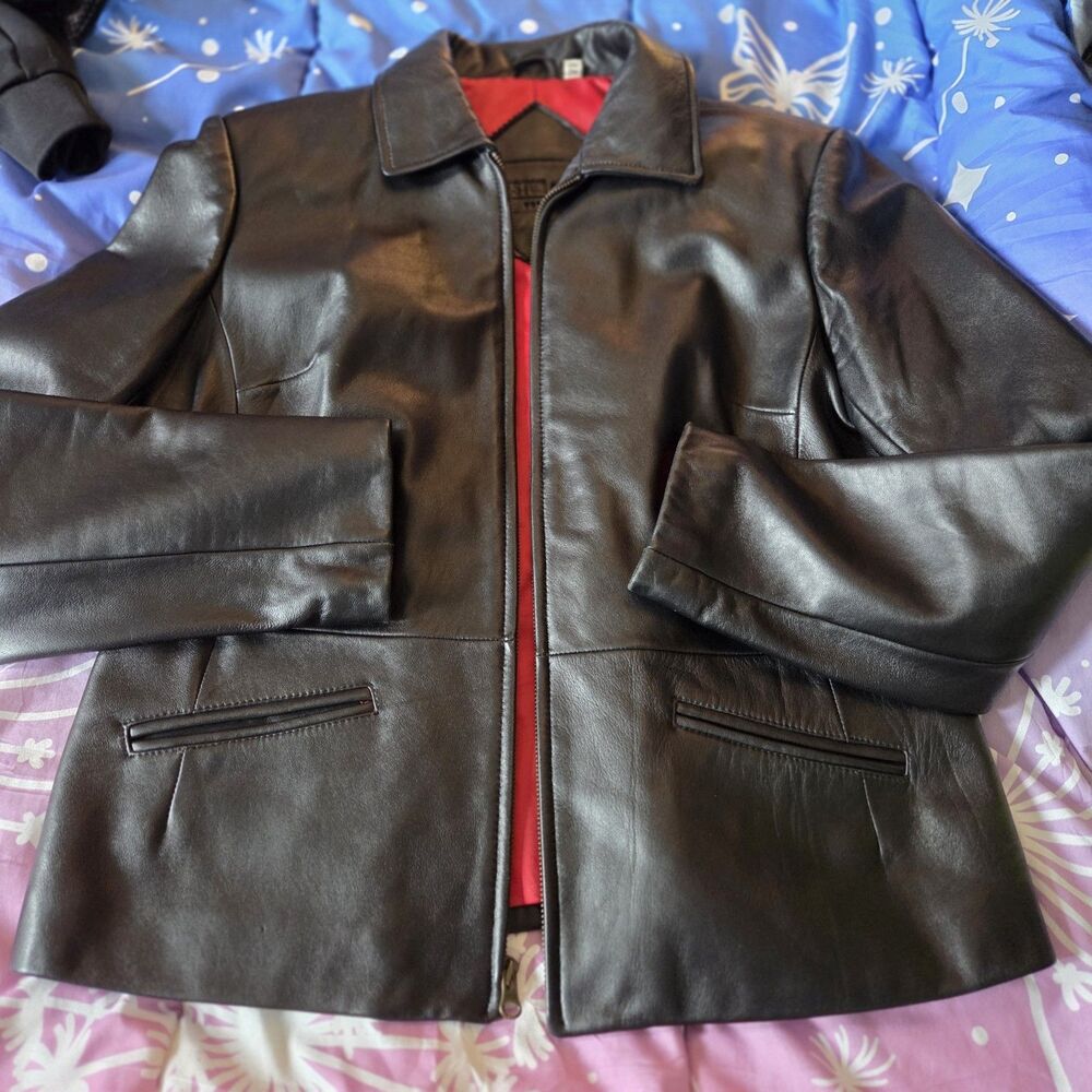 Preston & York Black Leather Jacket Petite Medium Red Lined Zip Coat PM